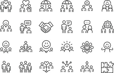 Obraz premium People teamwork icons set showing community support collaboration leadership communication trust relationships management line vector illustration business social network concept