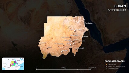 4K Sudan Border Land Map, High Resolution Satellite View with Province Lines and Highly Populated Cities, Widescreen 4K Resolution