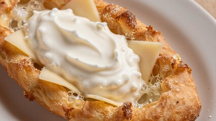 Cheese and cream dish served in a pastry on a plate in a dining setting with clear visibility of ingredients and presentation