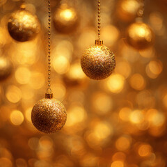 Gold christmas ornament hanging, golden bauble decoration, festive holiday background bokeh glow
