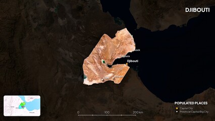 4K Djibouti Border Land Map, High Resolution Satellite View with Province Lines and Highly Populated Cities, Widescreen 4K Resolution