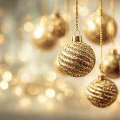 Gold ornament glitter bauble hanging decoration festive background golden light holiday season celebration bokeh sparkle Christmas ornament