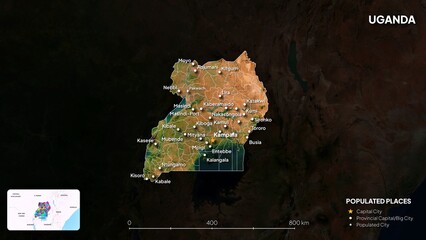 4K Uganda Border Land Map, High Resolution Satellite View with Province Lines and Highly Populated Cities, Widescreen 4K Resolution