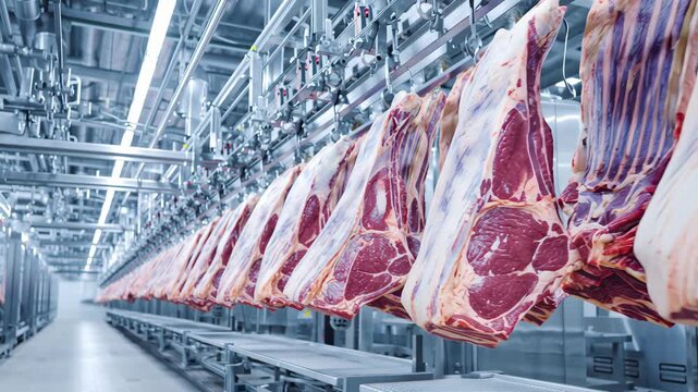 A captivating view of raw beef cuts hanging from a ceiling rack in a modern meat processing plant, showcasing the industry's meticulous approach to food production and quality control.