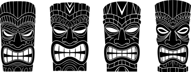 Fototapeta premium Set of tiki mask vector icon in silhouette design. summer design concepts. 