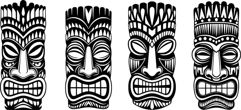 Set of tiki mask vector icon in silhouette design. summer design concepts.
