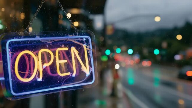 85Retro-style neon OPEN sign shining through a storefront window, casting colorful glows across dark pavement, subtle traffic lights in the distance