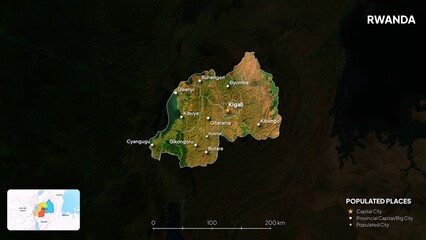 4K Rwanda Border Land Map, High Resolution Satellite View with Province Lines and Highly Populated Cities, Widescreen 4K Resolution