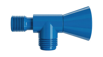 Blue plastic pipe connector with threaded ends and horn shaped outlet isolated on a transparent background