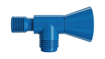 Blue plastic pipe connector with threaded ends and horn shaped outlet isolated on a transparent background