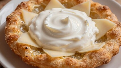 Fresh cheese pie with cream served on a white plate at a local bakery during the day
