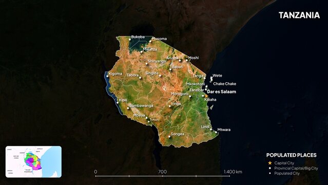 4K Tanzania Border Land Map, High Resolution Satellite View with Province Lines and Highly Populated Cities, Widescreen 4K Resolution