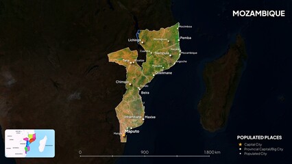 4K Mozambique Border Land Map, High Resolution Satellite View with Province Lines and Highly Populated Cities, Widescreen 4K Resolution