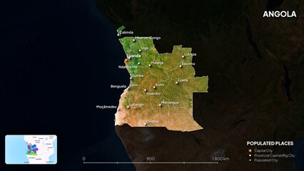 4K Angola Border Land Map, High Resolution Satellite View with Province Lines and Highly Populated Cities, Widescreen 4K Resolution