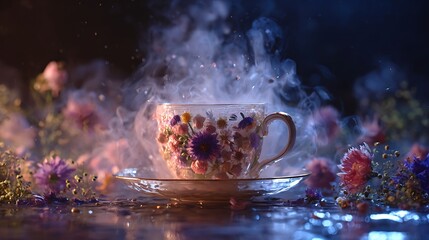 Delicate floral teacup with steam rising on saucer surrounded by colorful blooms in dark mysterious ambiance with soft focus background