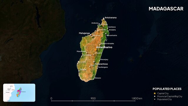 4K Madagascar Border Land Map, High Resolution Satellite View with Province Lines and Highly Populated Cities, Widescreen 4K Resolution