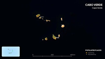 4K Cabo Verde Border Land Map, High Resolution Satellite View with Province Lines and Highly Populated Cities, Widescreen 4K Resolution