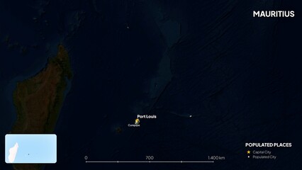 4K Mauritius Border Land Map, High Resolution Satellite View with Province Lines and Highly Populated Cities, Widescreen 4K Resolution