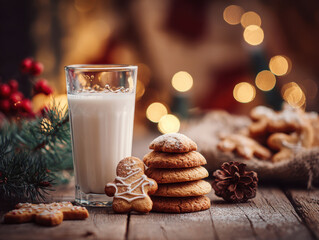 Christmas cookie milk glass holiday cozy warm christmas cookie milk glass holiday scene with gingerbread biscuit stack snow sugar festive cozy