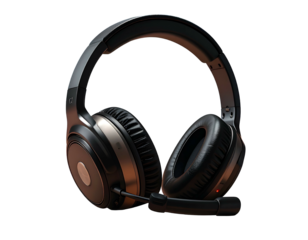 Black and bronze over-ear headset with an attached boom mic