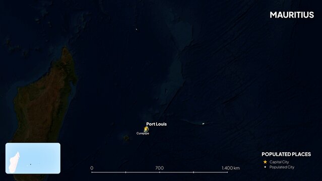 4K Mauritius Border Land Map, High Resolution Satellite View with Province Lines and Highly Populated Cities, Widescreen 4K Resolution