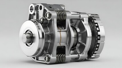 Close-up view of a complex, shiny metallic automotive transmission component with gears and springs.