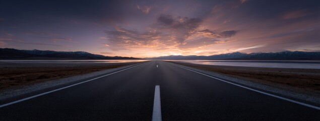 Scenic sunset over empty desert highway with dramatic clouds and mountains