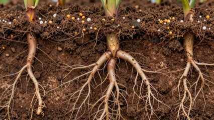 Roots of plants growing in soil showing structure and interaction with nutrients below the surface