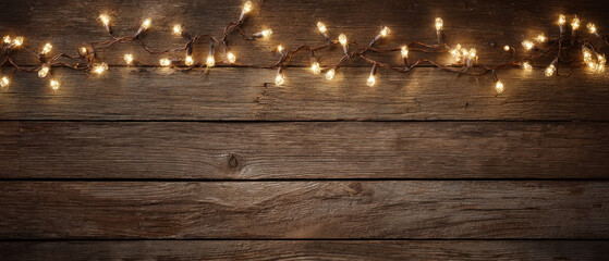 Christmas lights border on wooden planks copy space festive warm glow