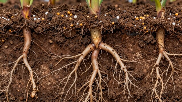 Roots of plants growing in soil showing structure and interaction with nutrients below the surface