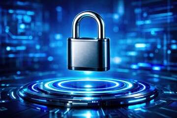 A silver lock is suspended in the air above a blue background