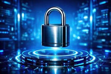 A silver lock is suspended in the air above a blue background