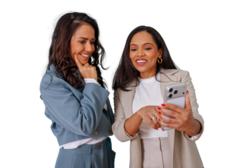 Two smiling businesswomen friends happily using smartphone for social media video call at work, isolated transparent background