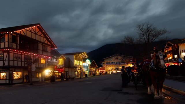 Leavenworth main street at night. Leavenworth is a travel destination located in Washington state. It is famous for its german inspired architecture.