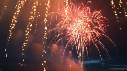 Bright red and gold fireworks exploding in the night sky with vibrant sparks and light trails