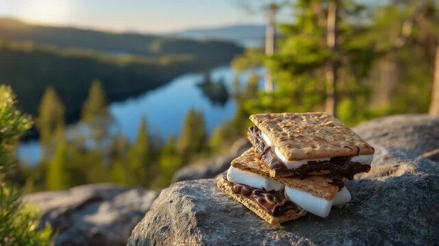 97Gooey chocolate and marshmallow s&rsquo;mores stacked on a large flat rock, lake and dense forest in distance, golden hour light casting soft shadows across the scene