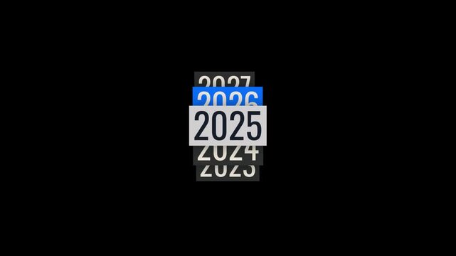 A stack of rectangular cards quickly cycle through the years from 2020 to 2027 then loop back seamlessly on black background
