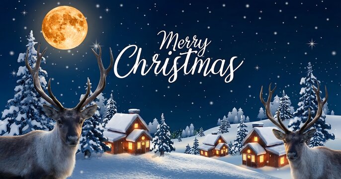 A magical christmas night scene with reindeer in a snowy village beneath the glowing full moon - Powered by Adobe