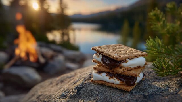 99Gooey chocolate and marshmallow s&rsquo;mores stacked on a large flat rock, lake and dense forest in distance, golden hour light casting soft shadows across the scene