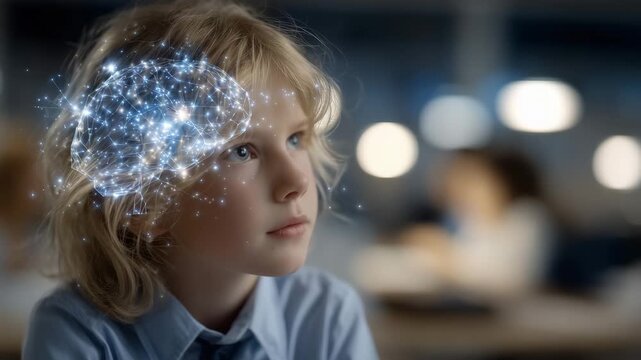 100Young girl in a bright learning space with a luminous brain hologram floating around her profile, detailed synapses lighting up like constellations, reflecting developing intellige