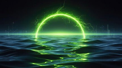 Futuristic Neon Green Electric Arc Over Glossy Ocean Waves with Cyber Horizon Glow and Distant Cityscape Skyline