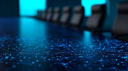 Business strategy visualization with 3D glowing nodes. interconnected network of global data points on a polished glass surface. futuristic corporate boardroom setting.