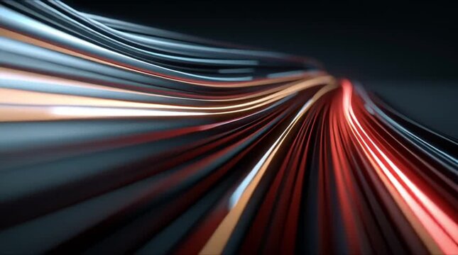 abstract magnetic field visualization in space, red blue neon light waves bending flowing along invisible force lines, smooth harmonic motion, scientific yet elegant, glowing light ribbons, minimal 4k