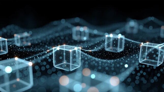 Futuristic 3D blockchain network, glowing data blocks as nodes connected by neon blue light streams, decentralized digital grid dark space, big data flow visualization, cyber sci-fi style, smooth 4k