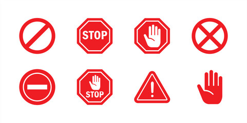 Red STOP icon set. Containing warning, prohibition, stop, hand, danger, no entry, alert, road, barrier sign. Flat vector illustration