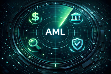 AML radar screen with financial and security icons