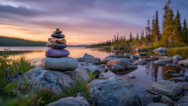 107S&rsquo;mores tower balanced on jagged rocks at water&rsquo;s edge, forest and calm lake reflecting pastel sunset hues, warm soft light emphasizing gooey marshmallow and chocolate layers