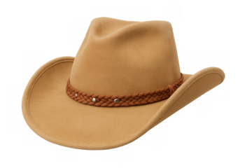 Cowboy hat with braided band, western headwear accessory, classic country felt style isolated on plain background