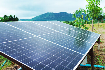 Grey black solar cell panel stands in agriculture farm for electric generating at Thailand.