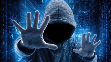 Anonymous Hacker Cyber Attack Concept with Hooded Figure and Digital Background